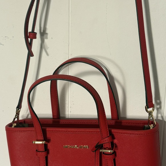 Michael Kors Crossbody Bag Womens Red Saffiano Leather Small MK Tote Purse - Picture 3 of 14